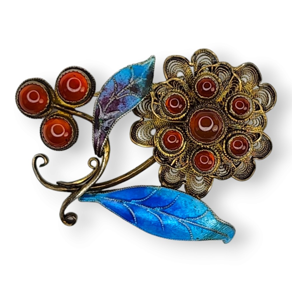 Vintage‎ Sterling Silver Gold Vermeil Carnelian Enameled Filagree Flower Brooch